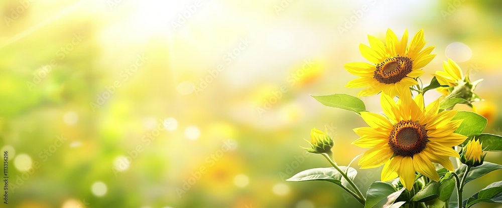 Fototapeta premium Sunflowers on a green background with copy space for text, perfect for a spring or summer banner. AI generated illustration