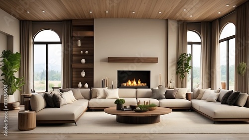 Gorgeous interior living room with couches and a fireplace- photo