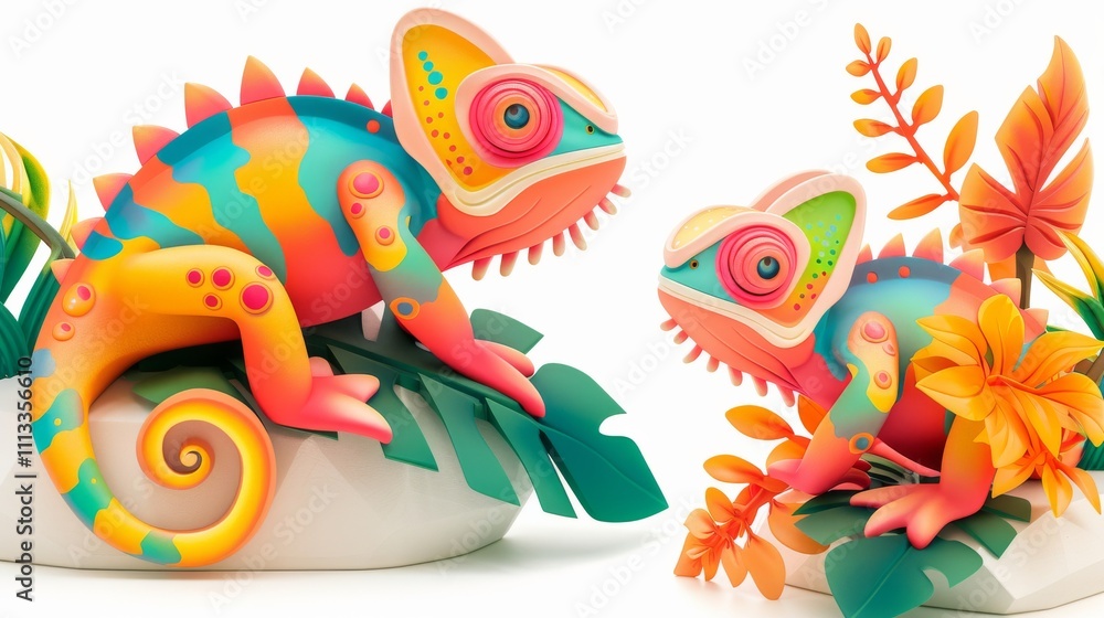 Fototapeta premium Chameleon Papercraft: A whimsical pair of colorful chameleons, crafted with intricate detail from paper, perch amidst vibrant tropical foliage.