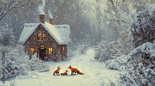 Wallpaper Mural Winter landscape with a family of foxes near a house in the forest, perfect for holiday cards. AI generated illustration Torontodigital.ca