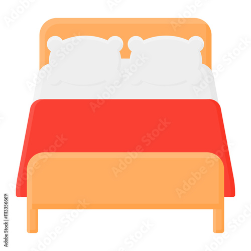 Wooden Bed with Two White Pillows Vector. Bed with Red Blanket. Comfortable Bed.