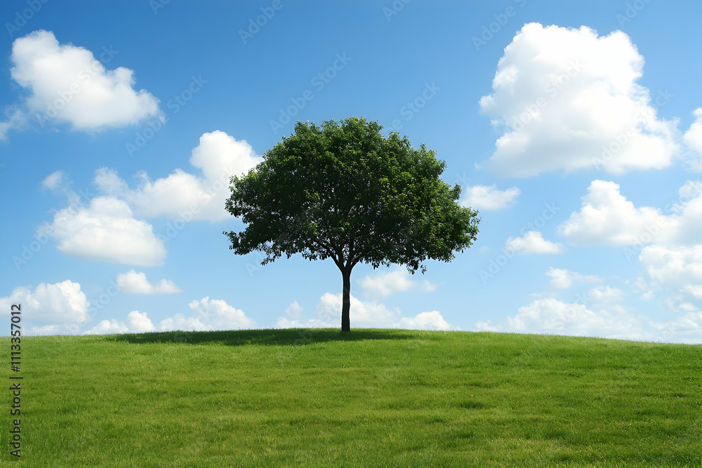 A vibrant green hill holds a solitary tree under a clear blue sky adorned with soft clouds A vibrant green hill holds a solitary tree under a clear blue sky adorned with soft clouds