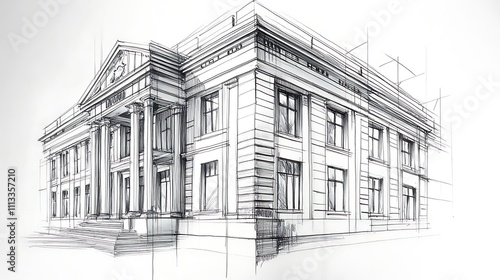 Architectural sketch of a classical building with columns and detailed facade.