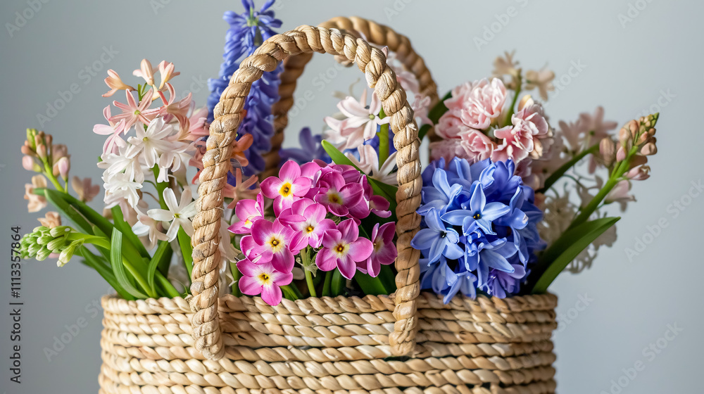 Straw Bag with Seasonal Flowers: Beautiful straw bag filled with seasonal flowers such as hyacinths and carnations. Straw Bag with Seasonal Flowers: Beautiful straw bag filled with seasonal flowers such as hyacinths and carnations.