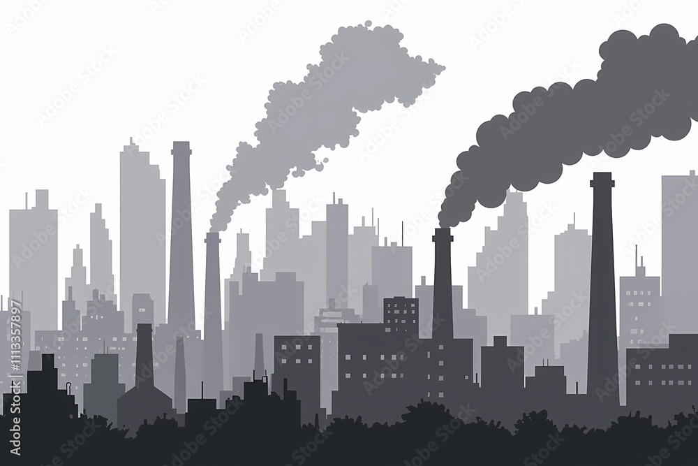 Naklejka premium Urban Silhouette of Industry with Smoky Chimneys and Factory Buildings