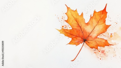 Watercolor illustration of a bright orange fall maple leaf with subtle gradients, against a pristine white background