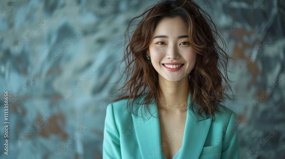 An Asian woman in a pastel green suit smiles warmly at the camera, her confident stance highlighted by the cool, grey-green studio background. An Asian woman in a pastel green suit smiles warmly at the camera, her confident stance highlighted by the cool, grey-green studio background.
