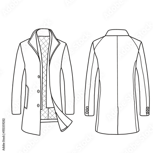 Men's trench coat winter jacket overcoat long top coat warm sketch line art. Isolated on a white background