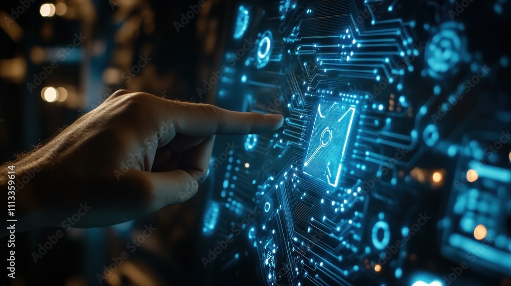 Digital Interaction: A Hand Interacting with a Futuristic Circuit Board Interface Digital Interaction: A Hand Interacting with a Futuristic Circuit Board Interface