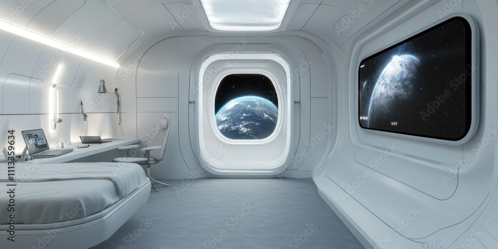Futuristic Spaceship Cabin: A Sleek and Minimalist Bedroom with Earth View Futuristic Spaceship Cabin: A Sleek and Minimalist Bedroom with Earth View