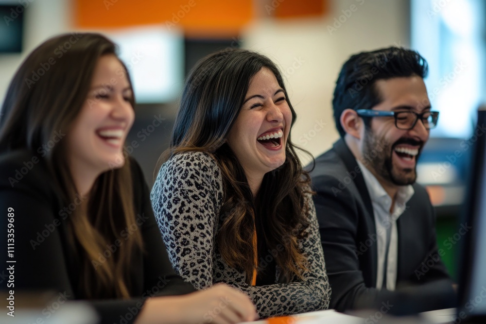 Joyful Coworkers Laughing Together in Office Setting Joyful Coworkers Laughing Together in Office Setting