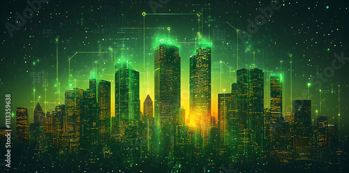 A futuristic cityscape with a green digital overlay and glowing elements at sunset.