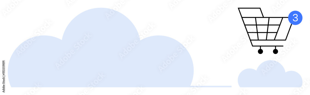 Shopping cart with notification badge and large cloud shape. Ideal for e-commerce, online shopping, cloud computing, technology services, digital marketing, mobile apps, web development. Line