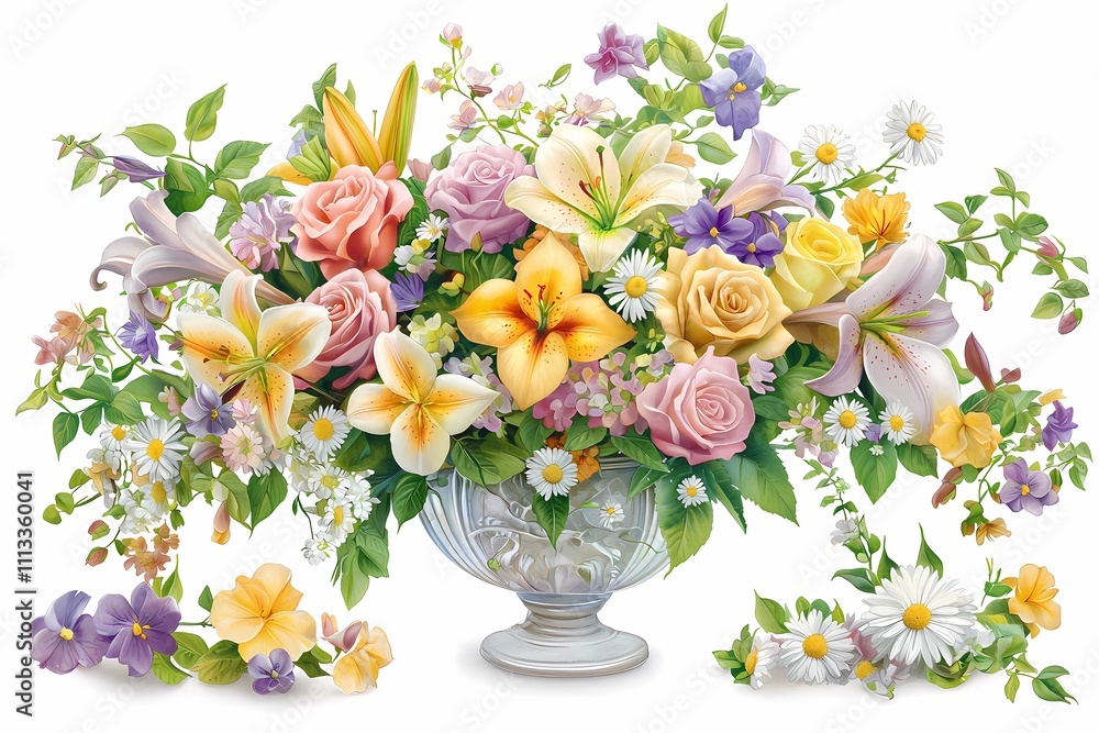 Obraz premium Vibrant Floral Arrangement with Roses and Lilies in Elegant Vase