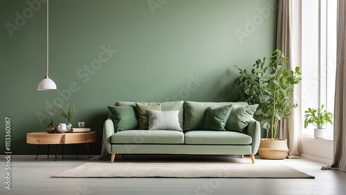 hite walls and a green-toned, empty living room. Background of home goods, interior, indoors, backdrop.- photo