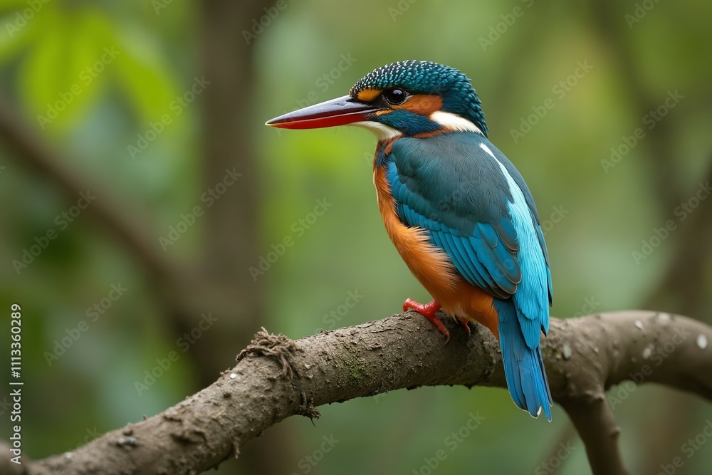 Obraz premium Vibrant Kingfisher Perched on Branch in Lush Green Forest