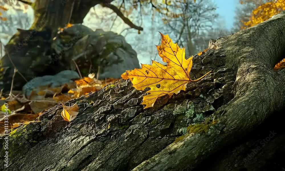 Autumn Forest Scene with a Yellow Leaf in the Foreground and an Ancient Tree in the Background Autumn Forest Scene with a Yellow Leaf in the Foreground and an Ancient Tree in the Background