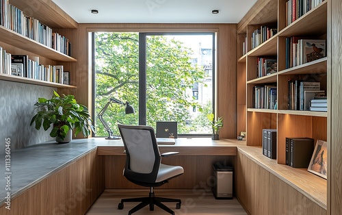 Modern home office with built-in bookshelves, large window, desk, and comfortable chair.