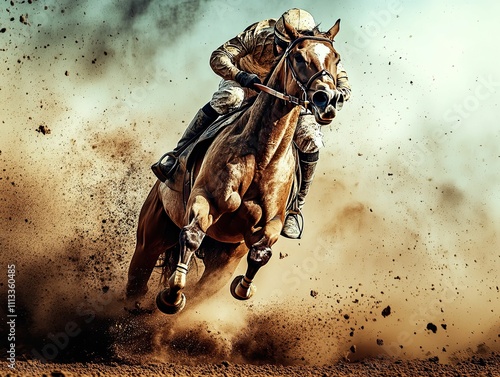 Jockey and horse racing, dust flying.