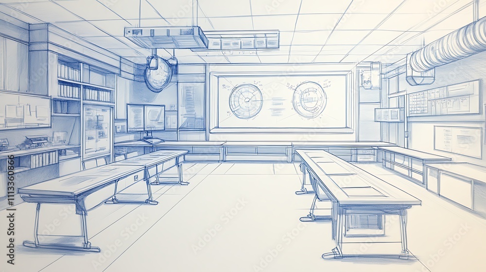 Fototapeta premium Blueprint sketch of a spacious, modern classroom with long tables, monitors, and technical equipment.