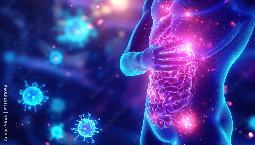 Human with glowing digestive system surrounded by bacteria Human with glowing digestive system surrounded by bacteria