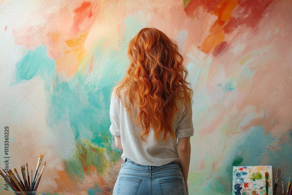 Creative artist admires her colorful canvas in a bright studio setting. Generative AI Creative artist admires her colorful canvas in a bright studio setting. Generative AI