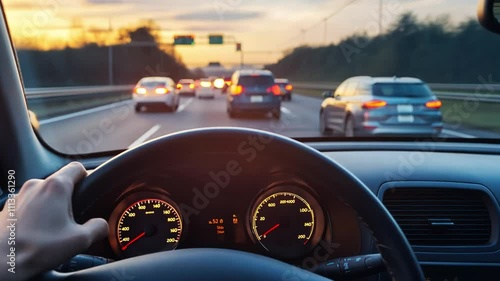 A person is driving a car on a highway with a sunset in the background