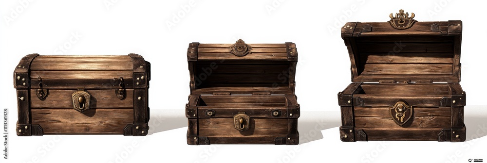 Fototapeta premium Rustic wooden chests with intricate carvings and weathered appearance - rectangular, open, and smaller with locks and keyhole details