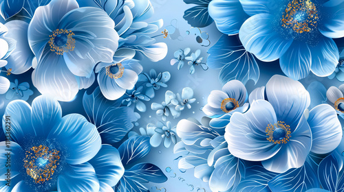 Blue Flowers Design with Blooming Flora: A vector design featuring blooming blue flowers on a white background.