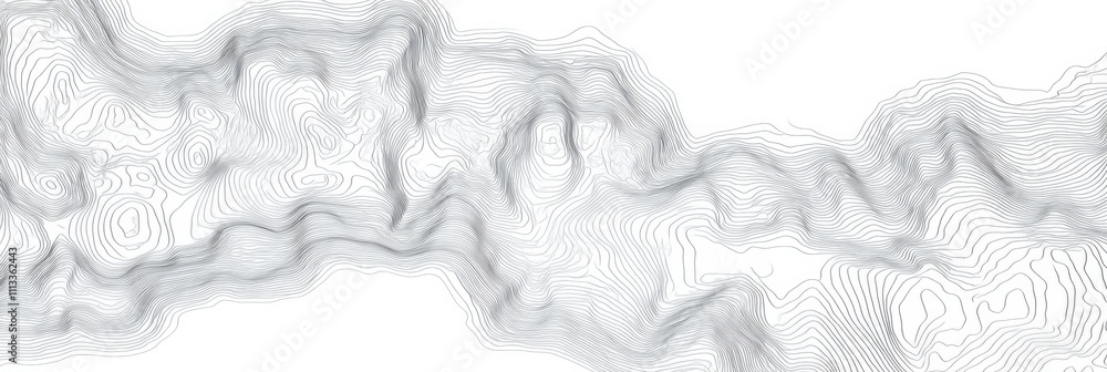Hand-drawn black and white topographic map of mountain range with wave-like contour lines on white background Hand-drawn black and white topographic map of mountain range with wave-like contour lines on white background