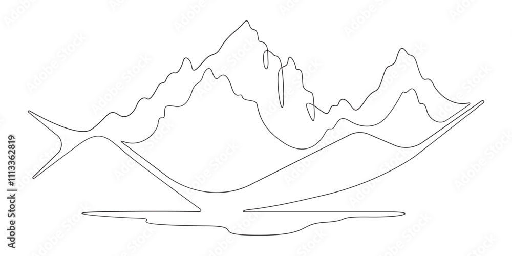Continuous one line drawing Mountain landscape. Minimalistic view of high mountains. Beautiful scenery .One continuous line isolated minimal illustration.Not AI. Continuous one line drawing Mountain landscape. Minimalistic view of high mountains. Beautiful scenery .One continuous line isolated minimal illustration.Not AI.