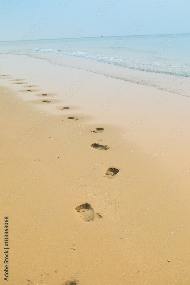 Footprints of human feet on the sand near the water on the beach. Footprints of human feet on the sand near the water on the beach.