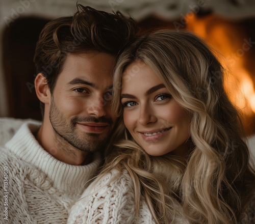 Young happy couple in warm sweaters posing in front of fireplace, creating an atmosphere of coziness and romance on a winter evening.