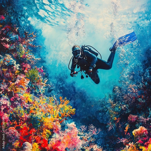 Wallpaper Mural Diver explores vibrant underwater coral reef. Torontodigital.ca