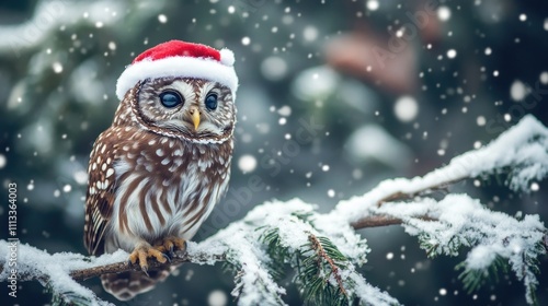 Festive owl in Santa hat perched on snowy branch during snowfall. photo