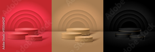 3D Minimal podium room with 3 set of steps realistic cylinder stand podium. Podium wall with studio light for mockup product display.
