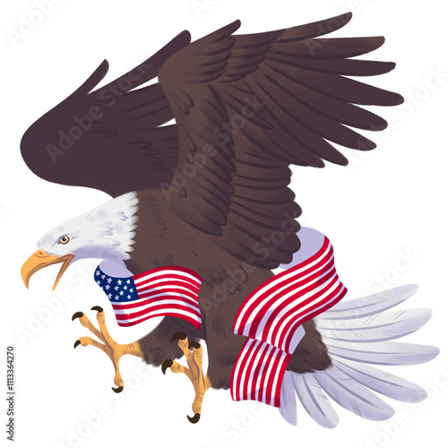 Águila Calva de Estados Unidos de América con bandera americana estadounidense