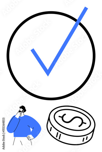 Man thinking alongside a large checkmark and a coin with a dollar sign. Ideal for finance, decision making, success, achievement, investing, business strategy, contemplating future. Line metaphor