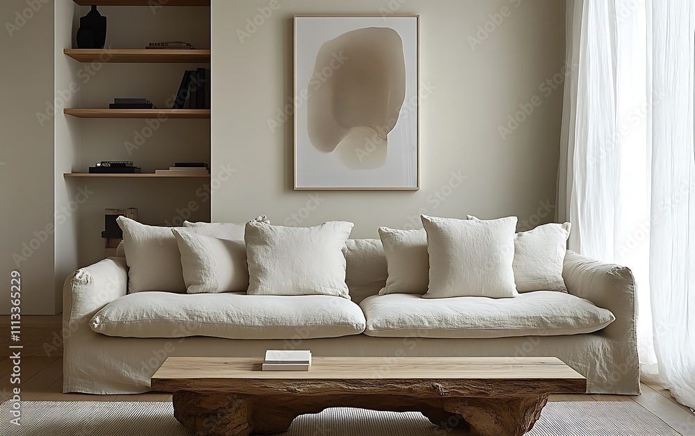 Minimalist living room with beige sofa, wooden coffee table, and abstract art. (2) Minimalist living room with beige sofa, wooden coffee table, and abstract art. (2)