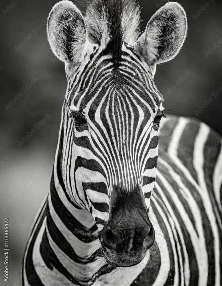 Naklejka premium AI-Generated Zebra Portrait in Monochrome