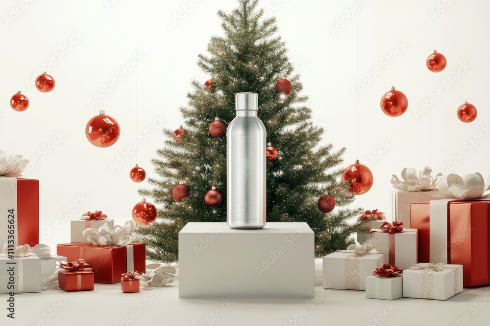 Christmas-Themed Water Bottle Mockup with Gifts and Ornaments Christmas-Themed Water Bottle Mockup with Gifts and Ornaments
