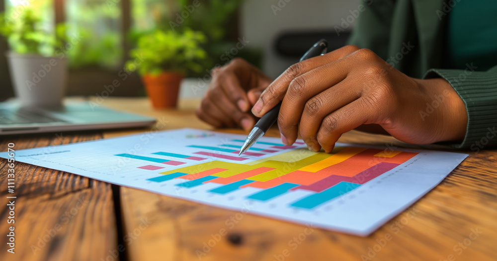 Person Analyzing Colorful Bar Graph at Wooden Desk