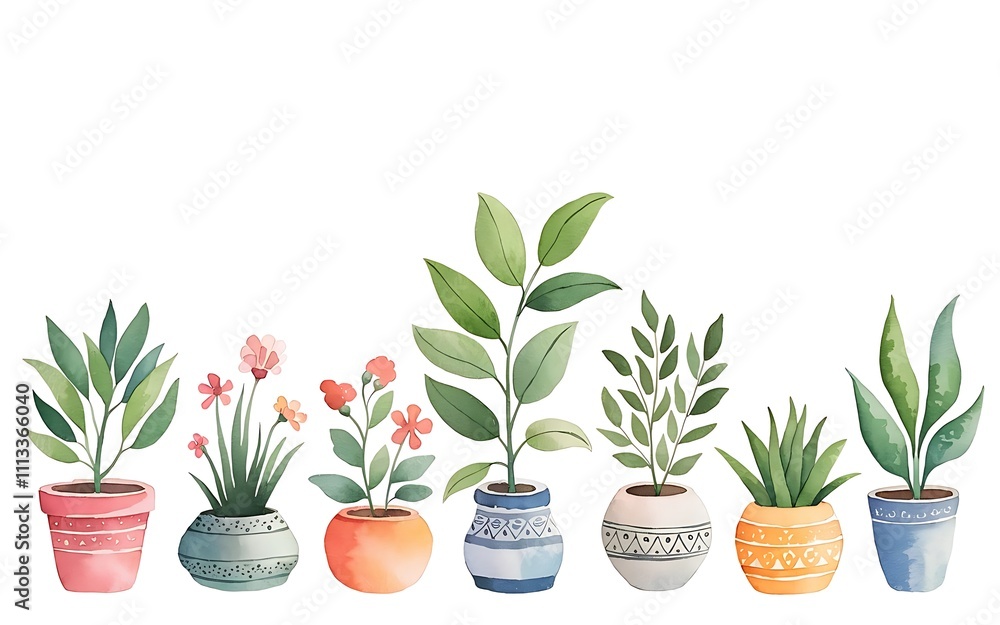 A serene and vibrant watercolor illustration of home plants with pretty pots A serene and vibrant watercolor illustration of home plants with pretty pots