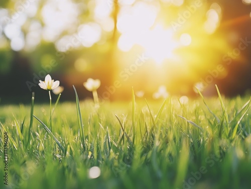 Green lawn with fresh grass outdoors. Nature spring grass background texture. - ai