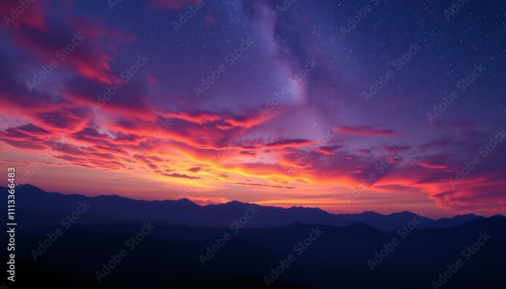 Fototapeta premium Fiery Sunset Sky Over Silhouetted Mountain Range