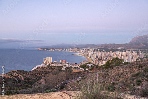 Obraz na płótnie Panorama in the Sunrise on a clear day over Benidorm in Spain from the Mirador de la Cruz. w salonie