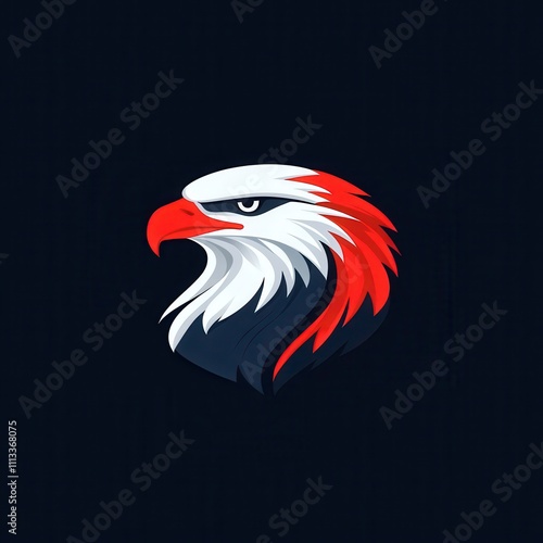 Stylized eagle head logo design, with bold colors and graphic style, set against a dark background. photo