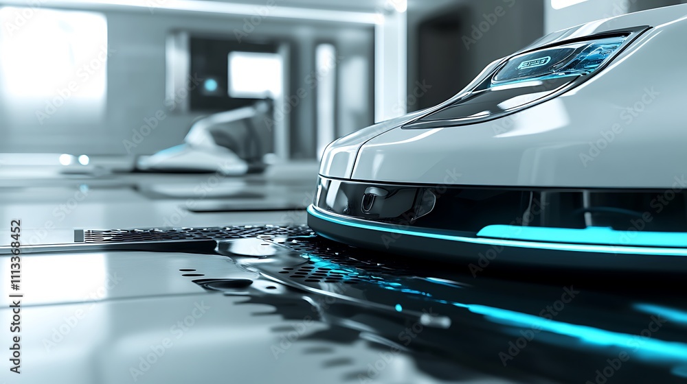 Close-up of a futuristic white electric car's front, showcasing its sleek design and illuminated details, parked indoors on a reflective surface with a subtle water effect. Close-up of a futuristic white electric car's front, showcasing its sleek design and illuminated details, parked indoors on a reflective surface with a subtle water effect.