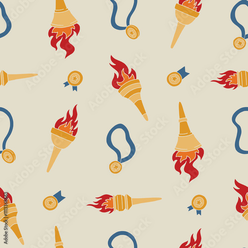Torch Fire Medal Vector Seamless Pattern illustration for Print, Wallpaper, Decoration.