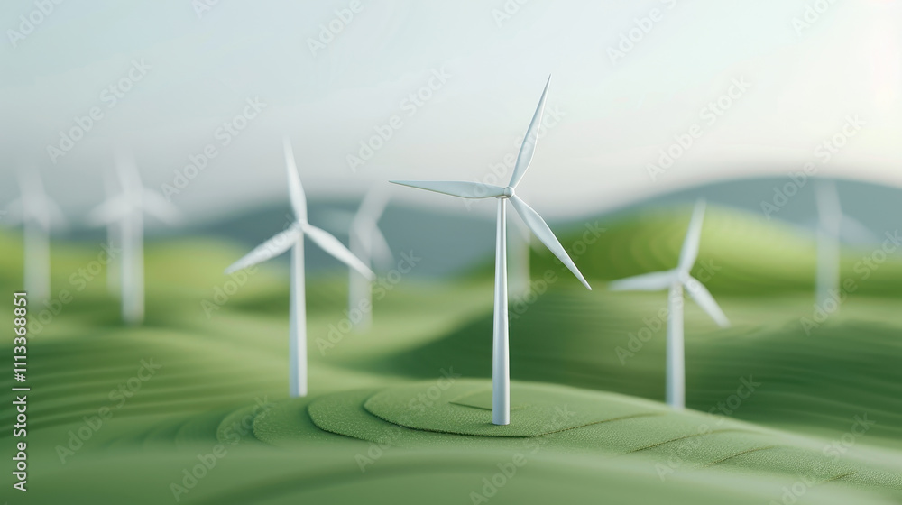 A model of a miniature wind farm with small turbines in an eco-friendly design, showcasing alternative energy production and the concept of clean, green energy A model of a miniature wind farm with small turbines in an eco-friendly design, showcasing alternative energy production and the concept of clean, green energy